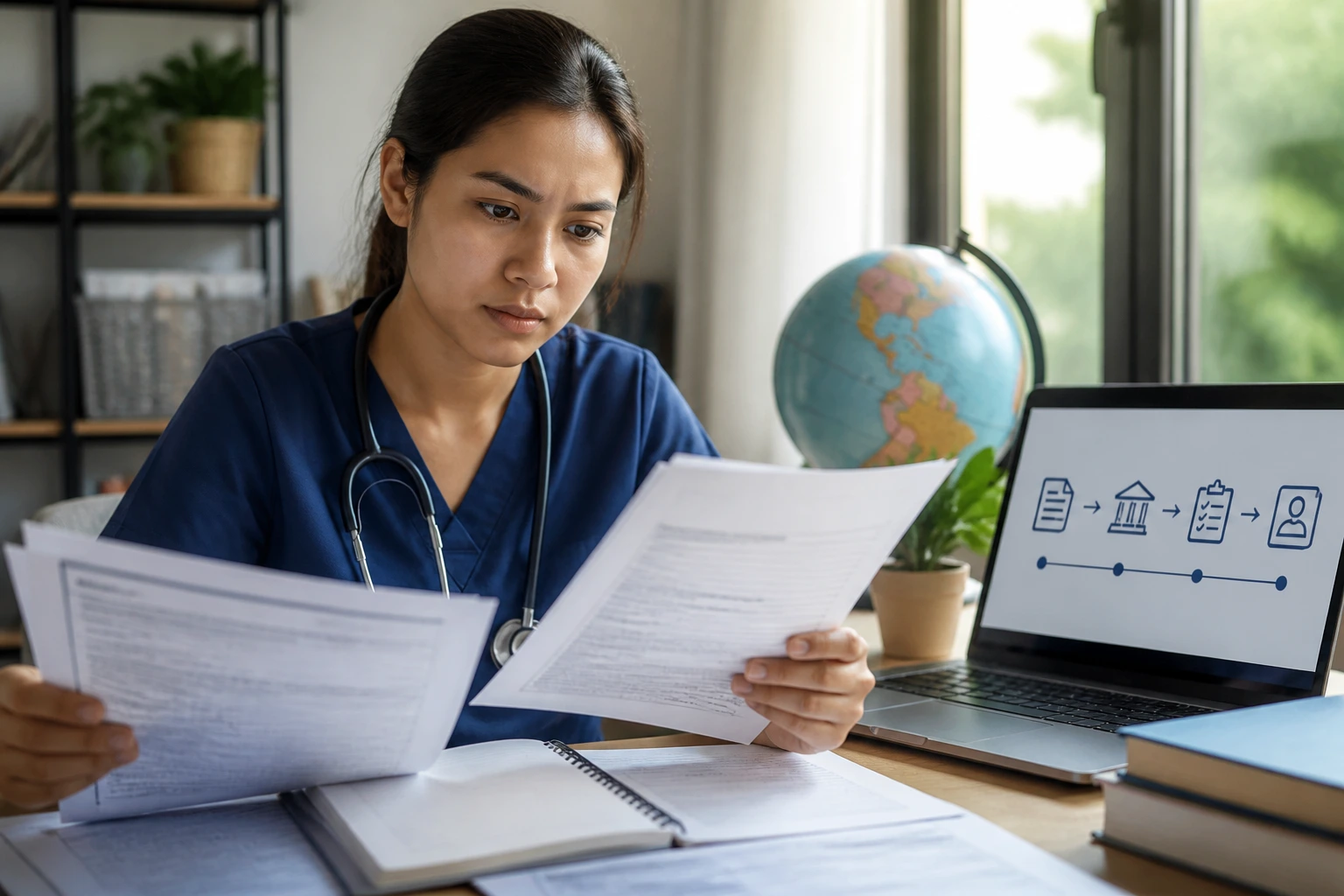 Nurse examining documents for US RN licensure from abroad at a desk.