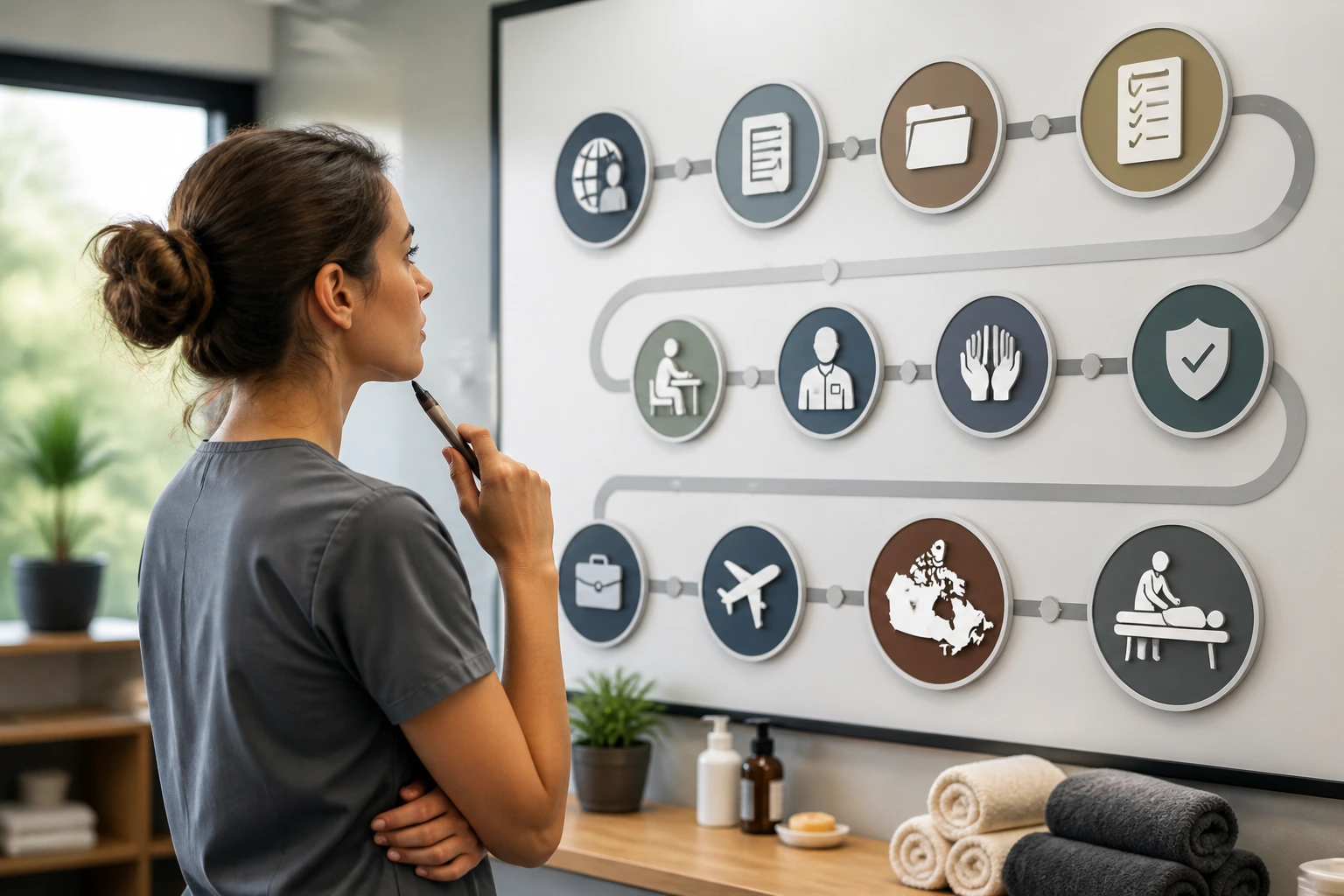 Close-up portrait of a clinic professional studying a roadmap diagram for overseas application to treatment shift