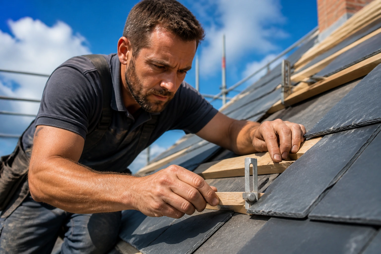 Roofer on pitched roof aligning battens with a gauge