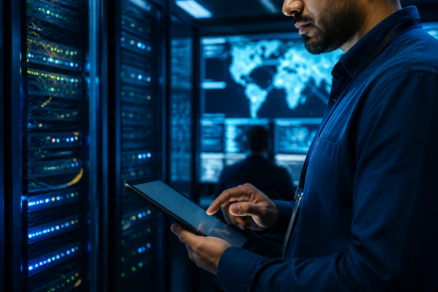 Network engineer in a telecom control room.