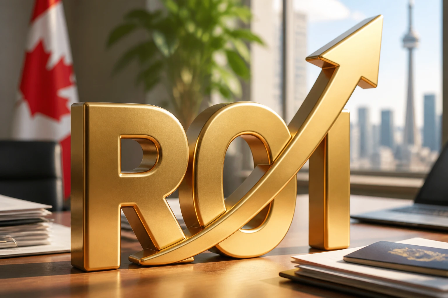 Close-up of a 3D ROI symbol in an office setting