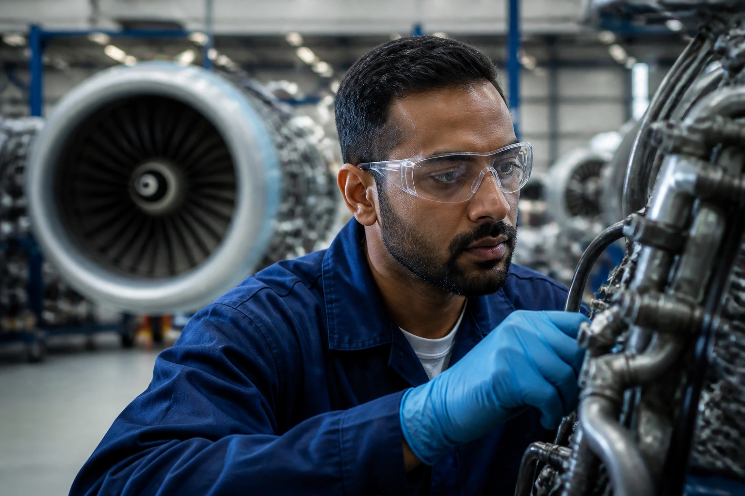 Close-up head-and-shoulders portrait of a Rolls-Royce aerospace engineer in a hangar
