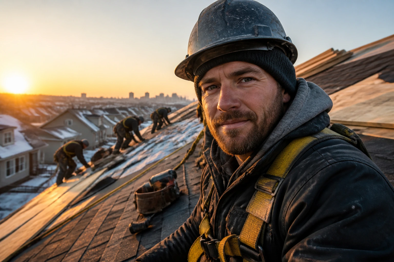 Roofer in safety gear on a roof at dawn