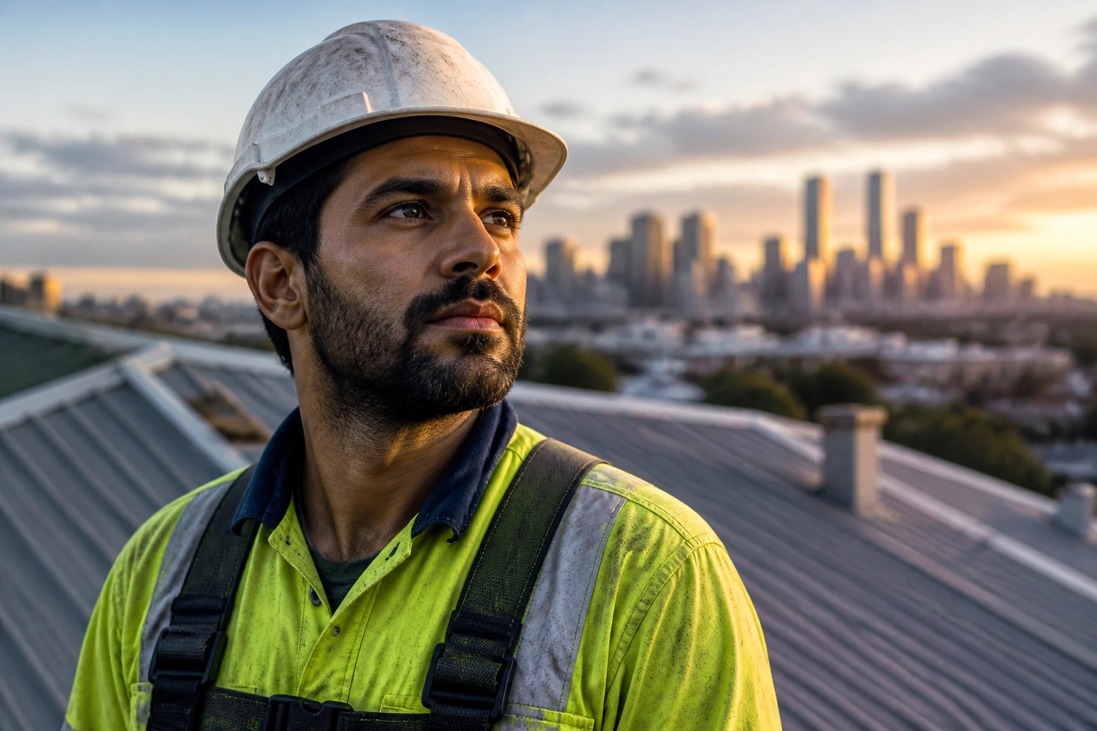Close-up roofer on a rooftop in PPE with city skyline in warm light