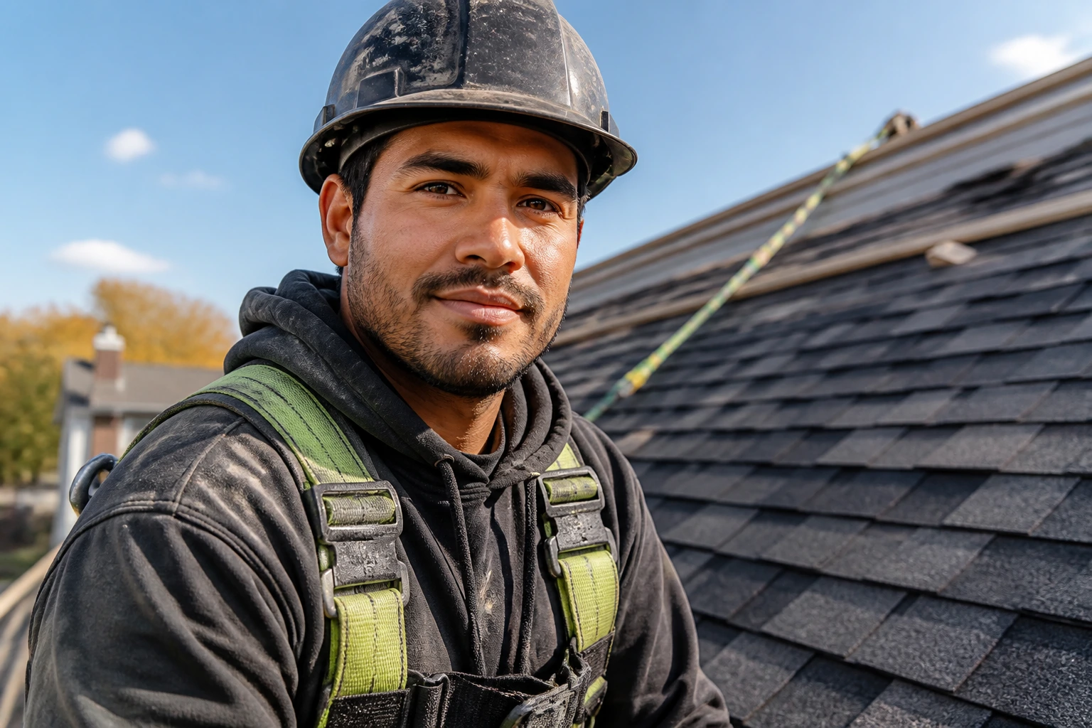 Close-up portrait of a roofer on a residential roof wearing safety gear