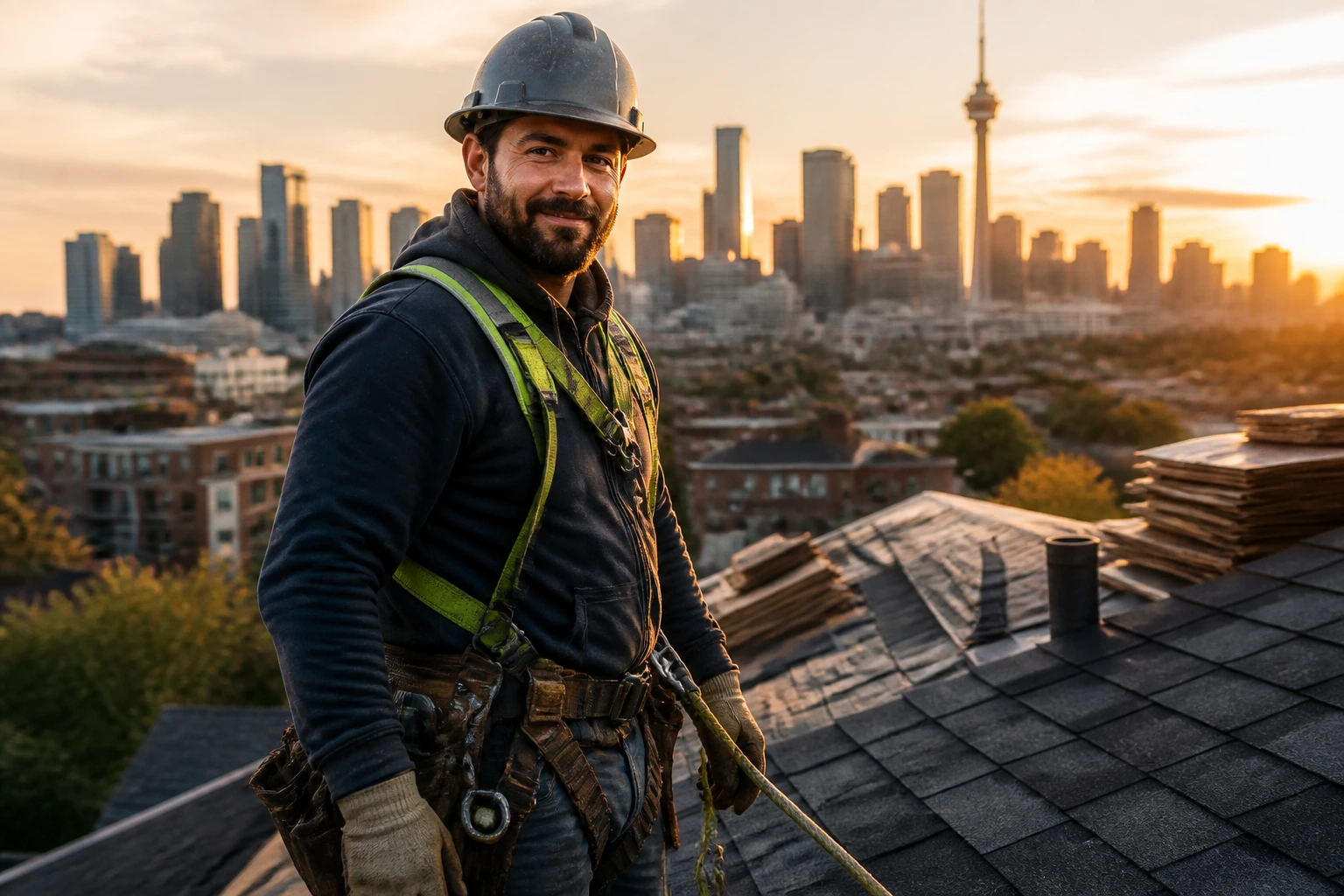 Roofer on a sloped roof with city skyline behind