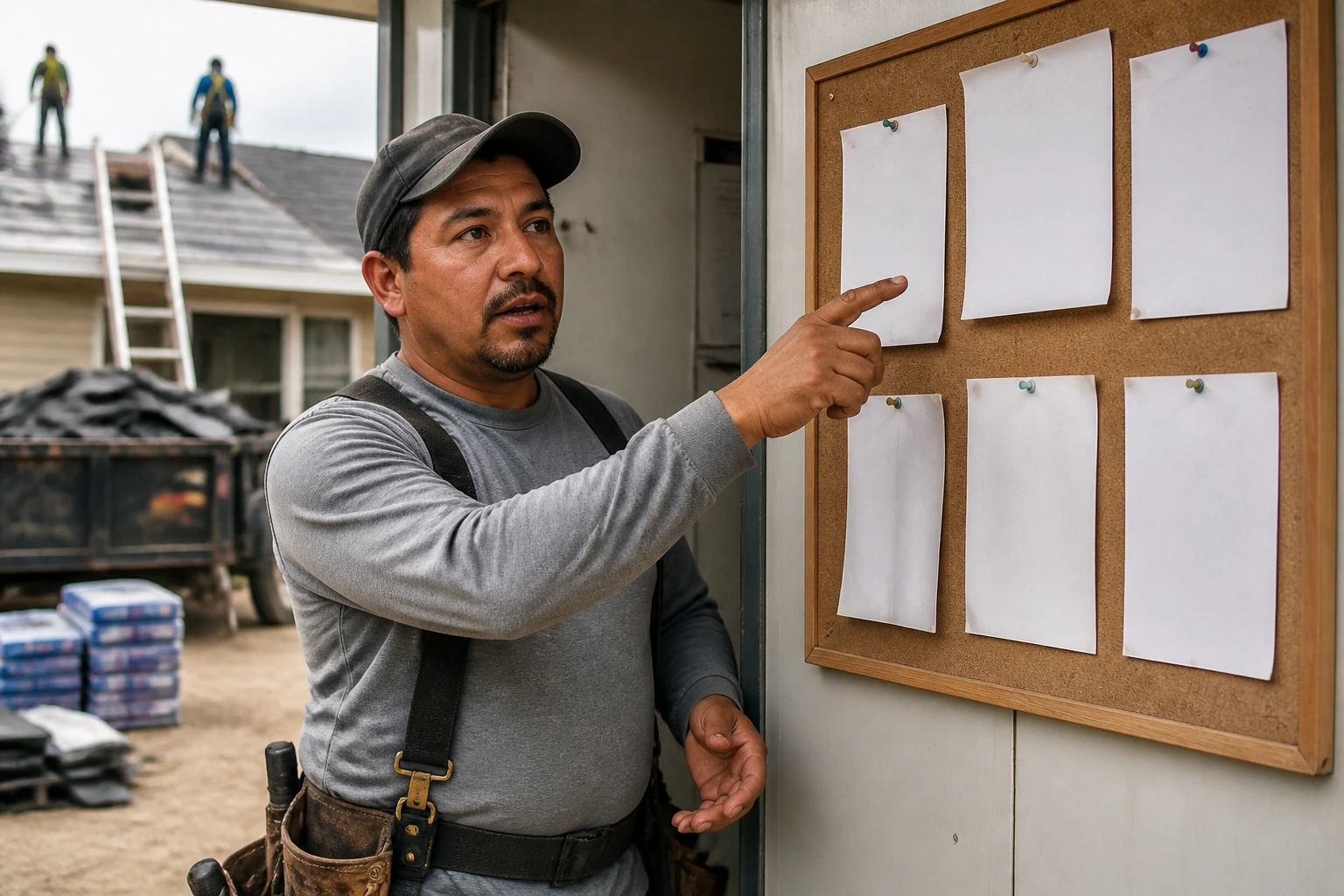 Contractor on site near a job postings board