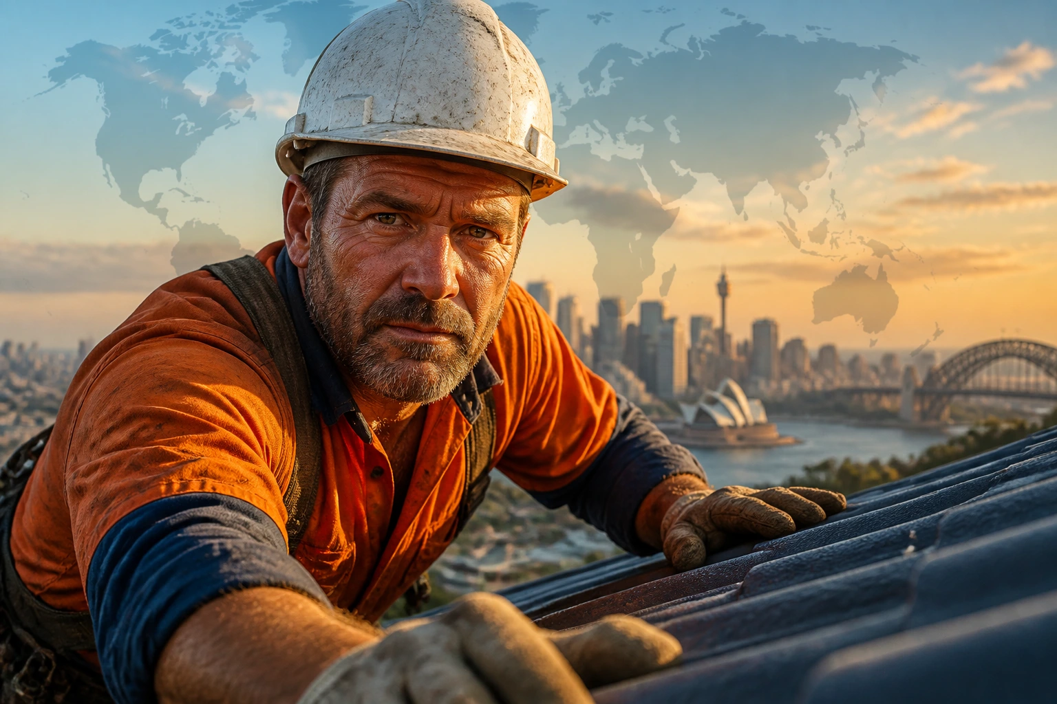 Close-up portrait of a seasoned roofer on a sloped roof with city skyline and world map silhouette in the background