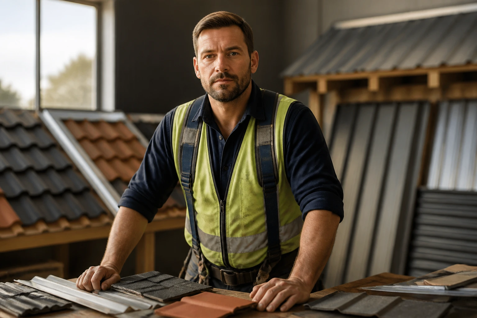 Roofer in PPE in a workshop portrait