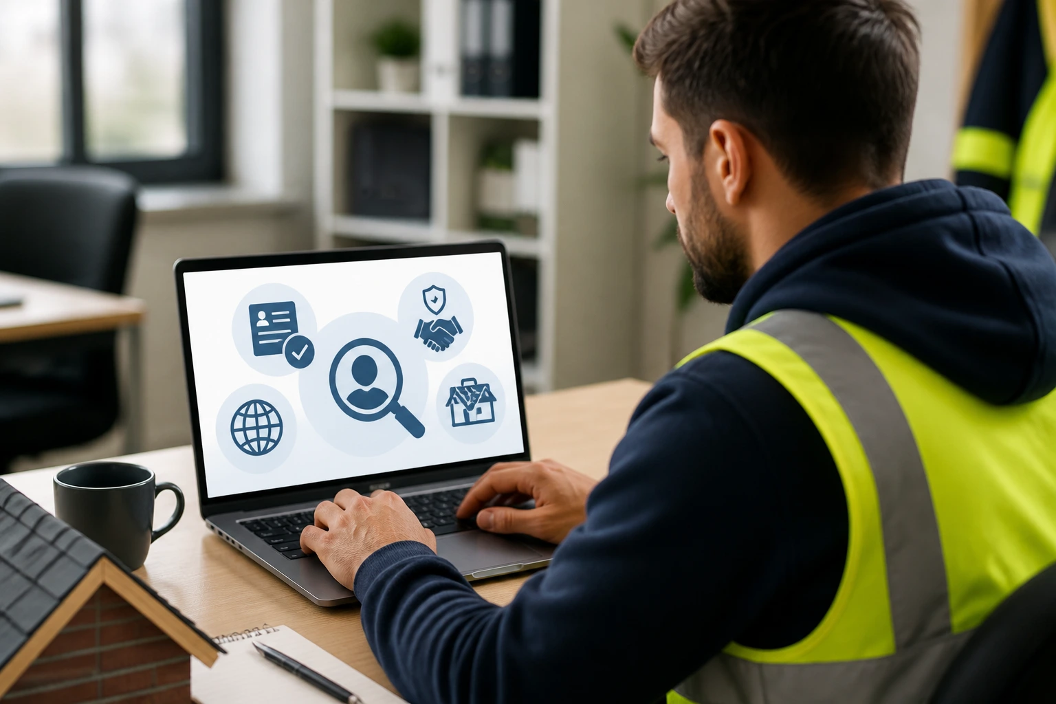 Person using laptop to search roofer jobs with visa sponsorship