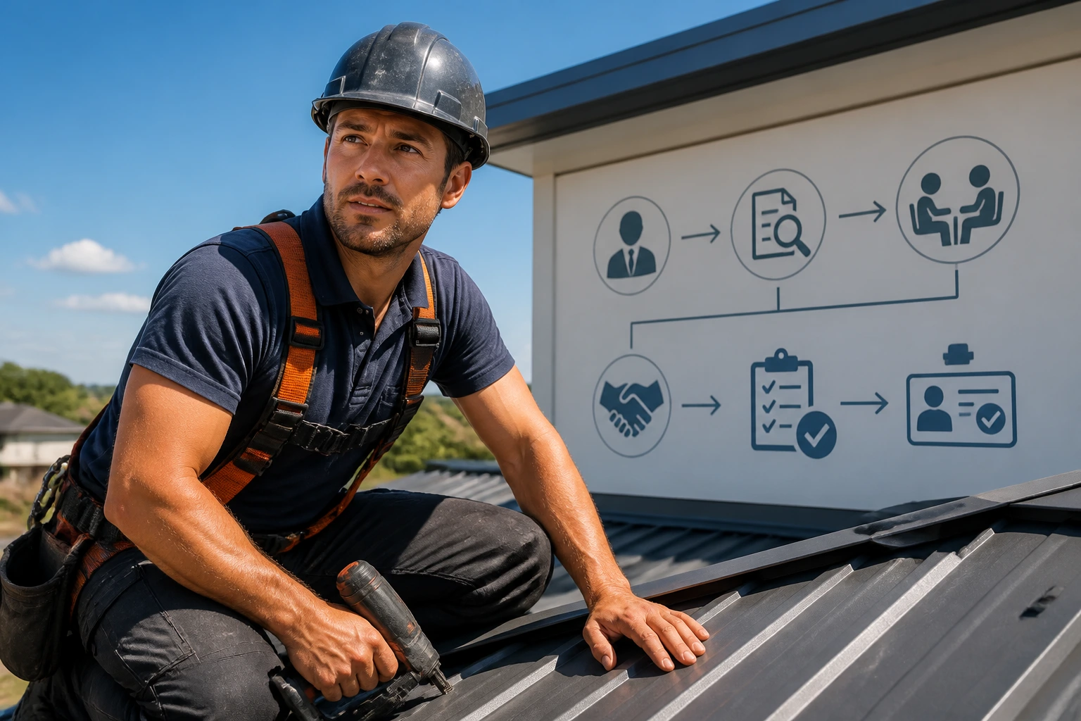 Roofer on a roof with a distant schematic diagram suggesting visa processes