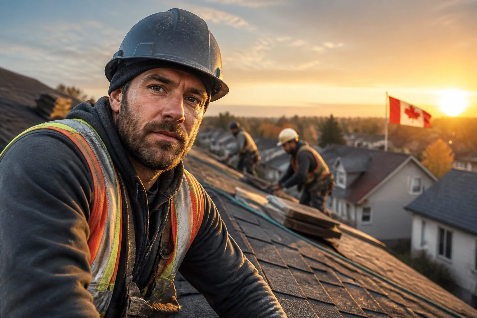 Close-up portrait of a roofing contractor on a pitched roof in safety gear at dawn