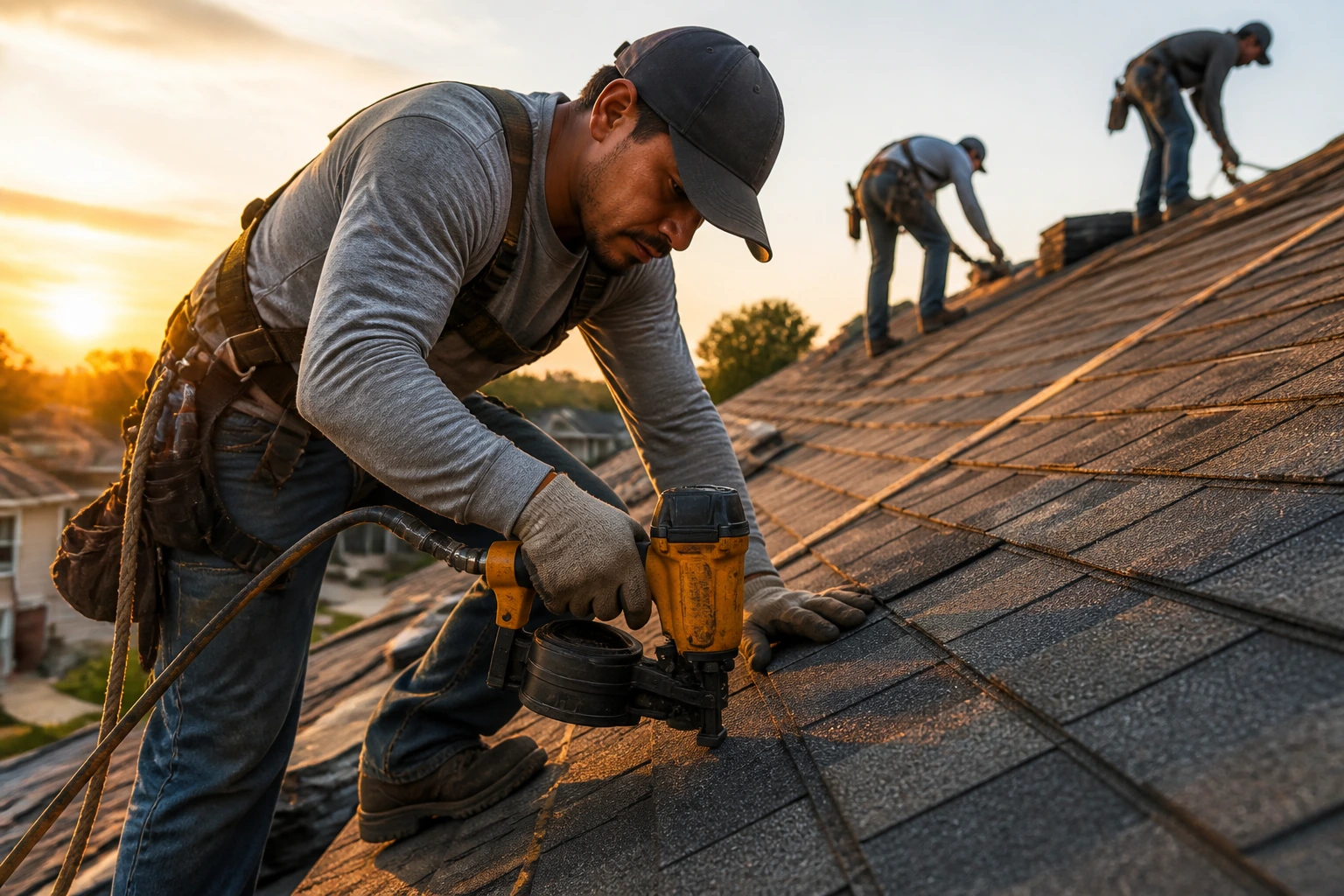Roofer in action on a residential roof with colleagues in the background
