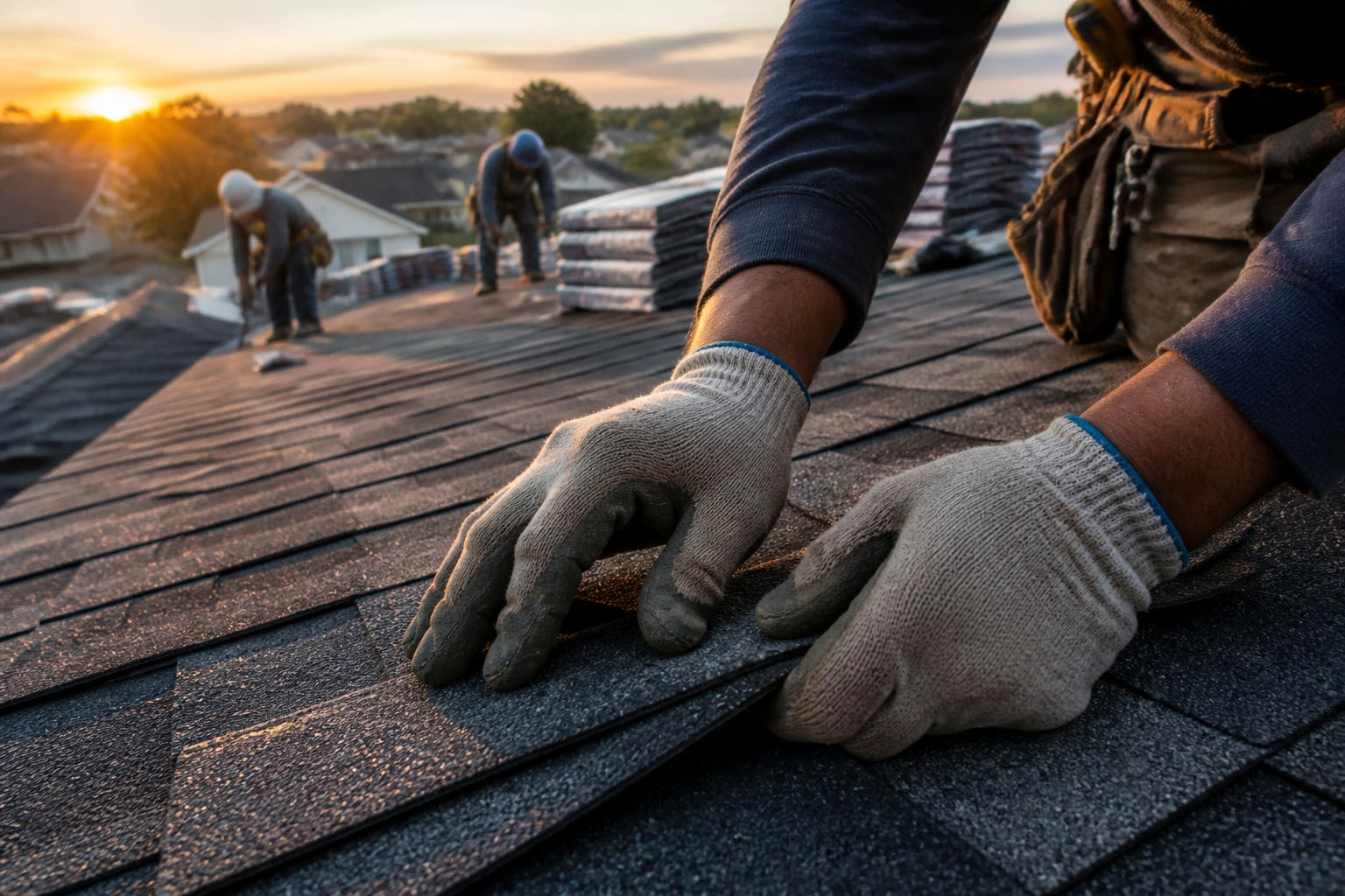 Close-up of a roofer's hands installing a shingle on a steep roof at dawn