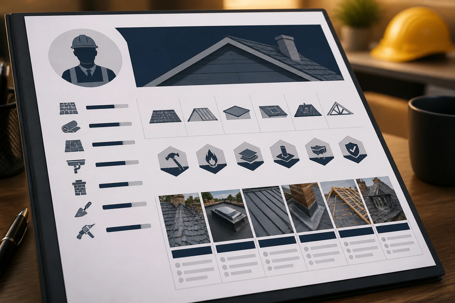 Text-free CV-inspired layout with roof icons on a desk