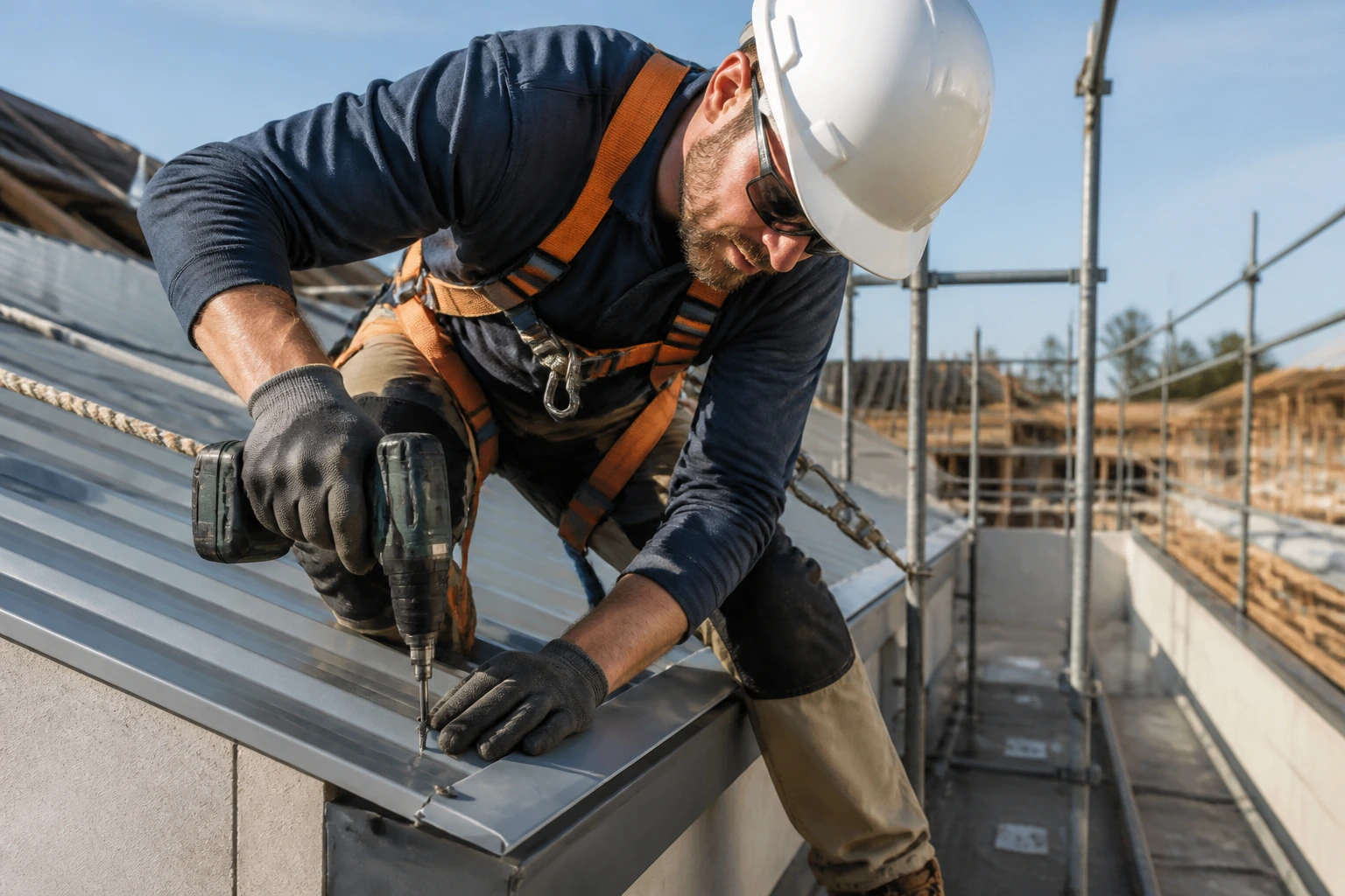 Roofer performing roof task on edge with harness