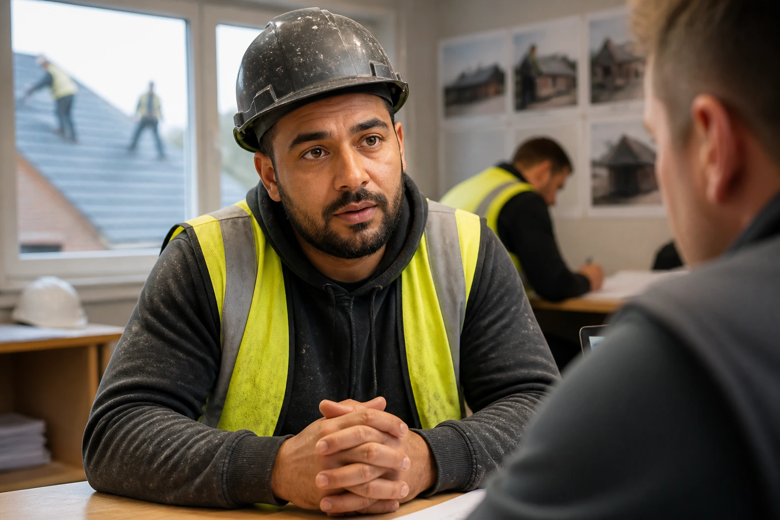 Roofer in interview setting with construction site background