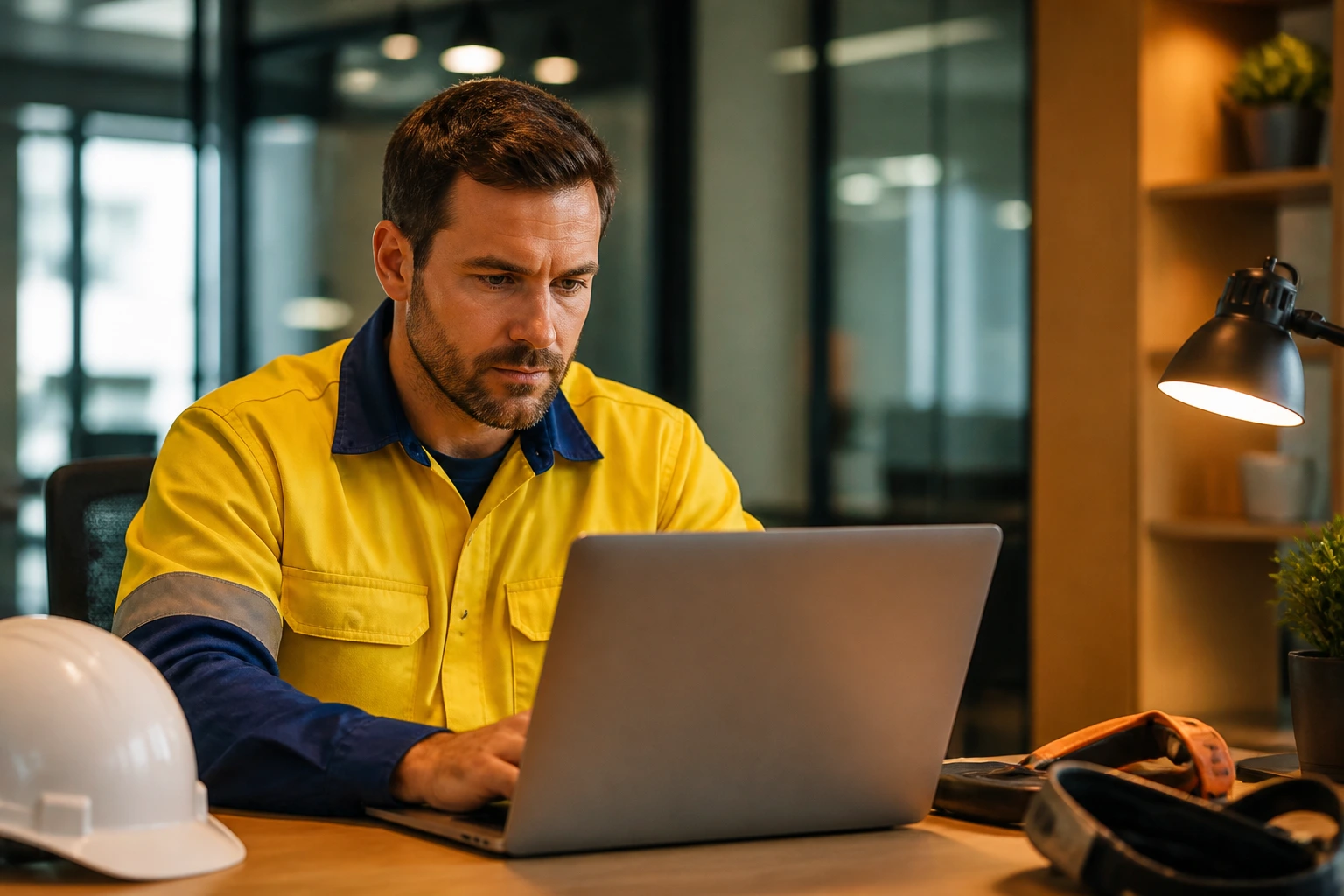 Roofer at desk looking at laptop in office