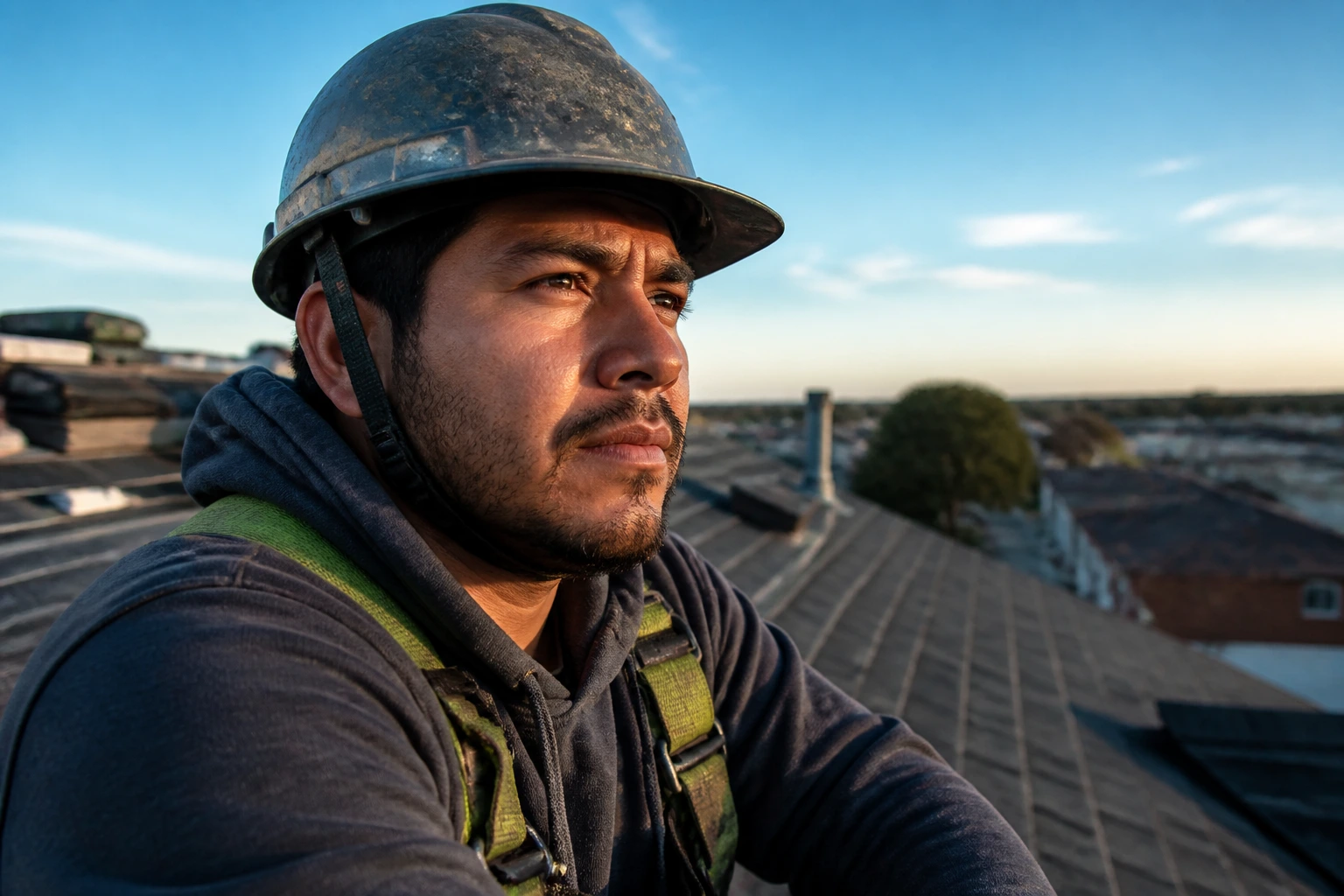 Portrait of worker on rooftop considering job fit.