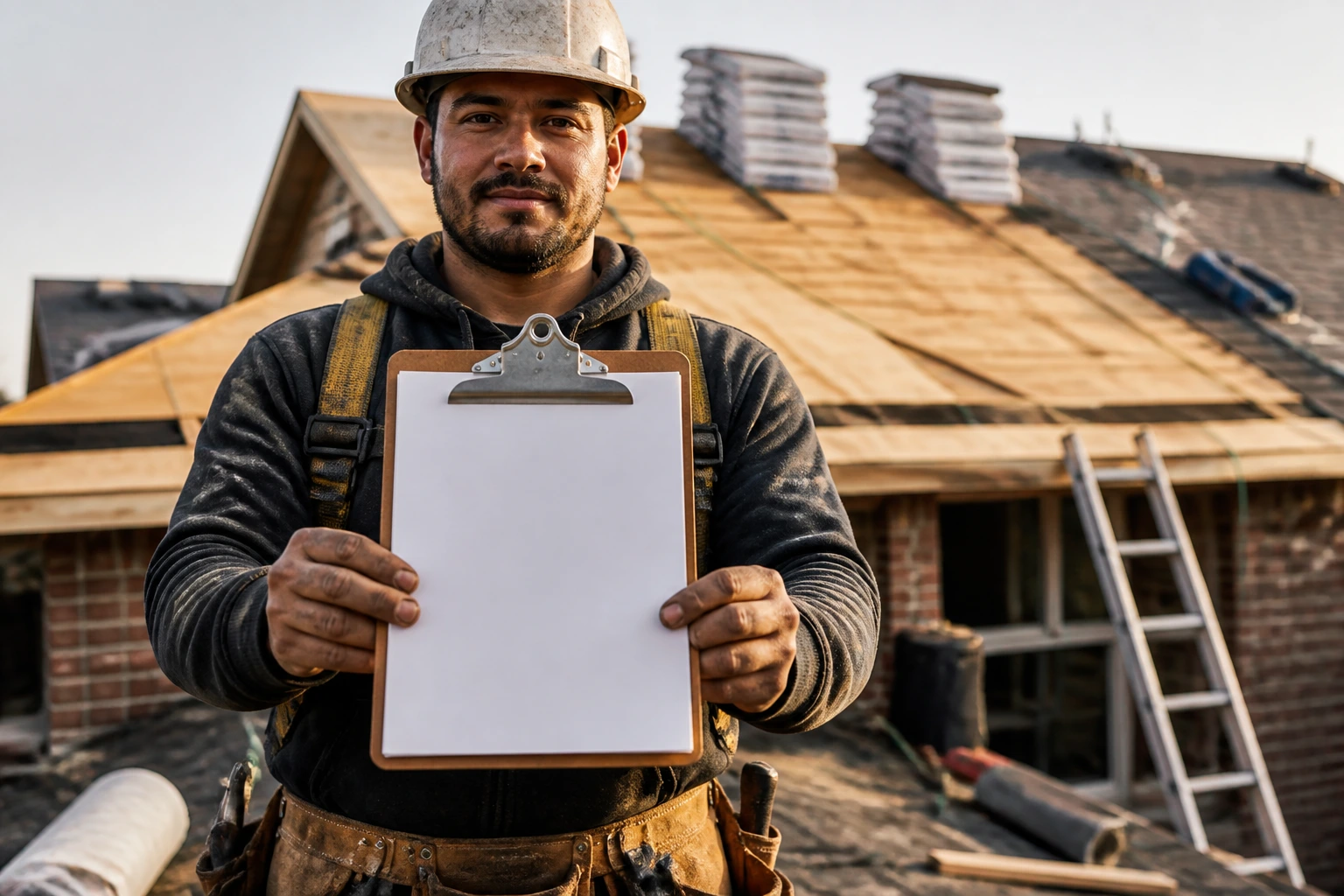 Close-up of a roofer's hands holding a blank resume sheet on a construction site