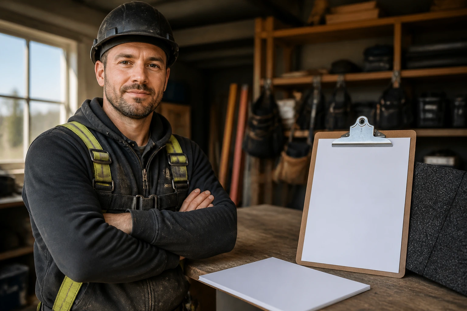 Roofer in safety gear presenting a blank resume template in a workshop