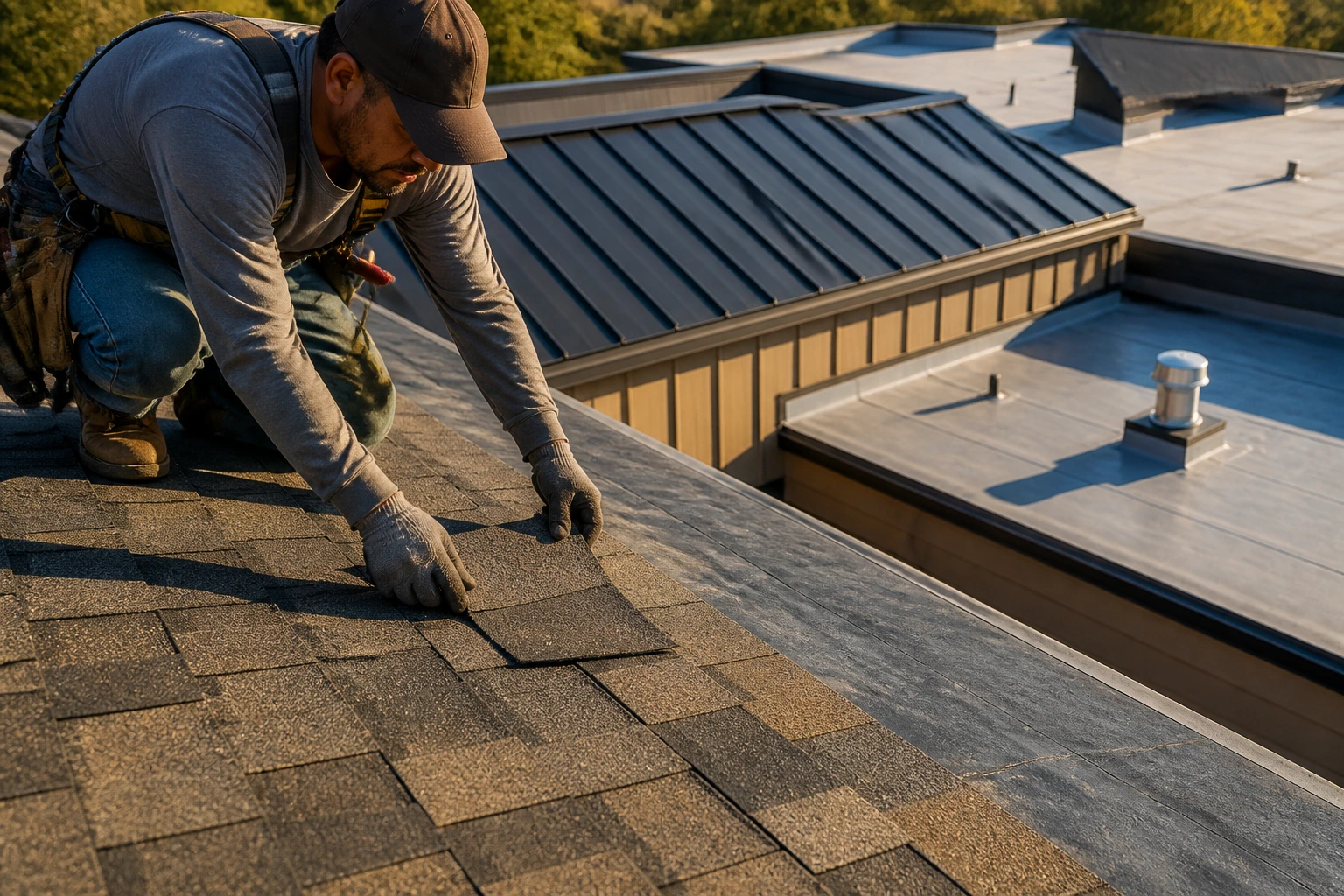 Roofer installing shingles with metal panel nearby