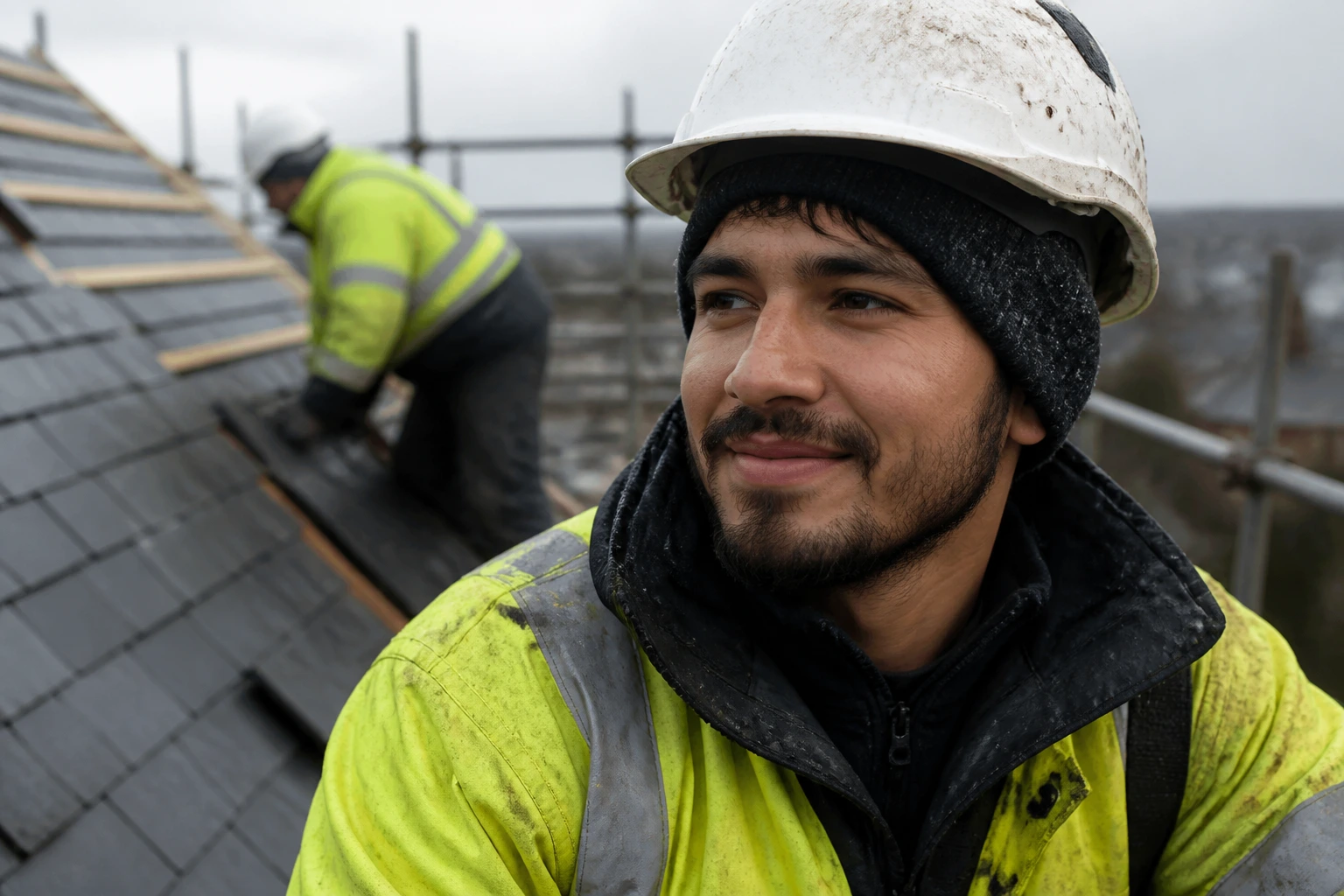 Close-up portrait of a real worker in high-visibility gear on a UK roofing site with scaffold and roof in the background.
