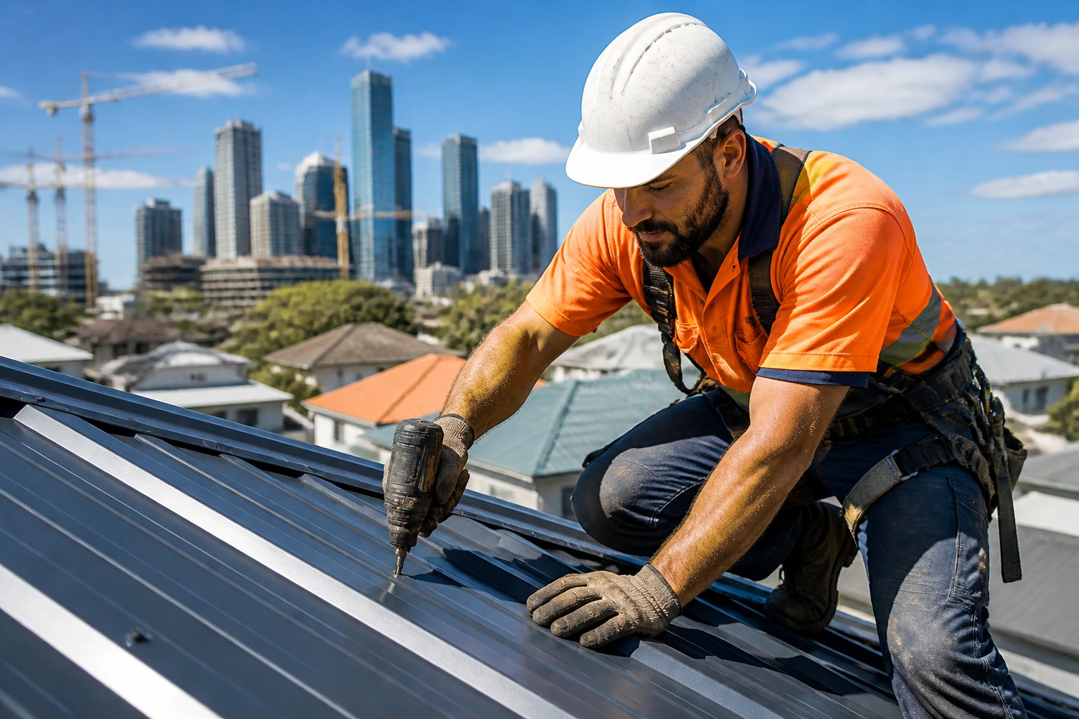 Roofer on a roof with a city skyline in the distance
