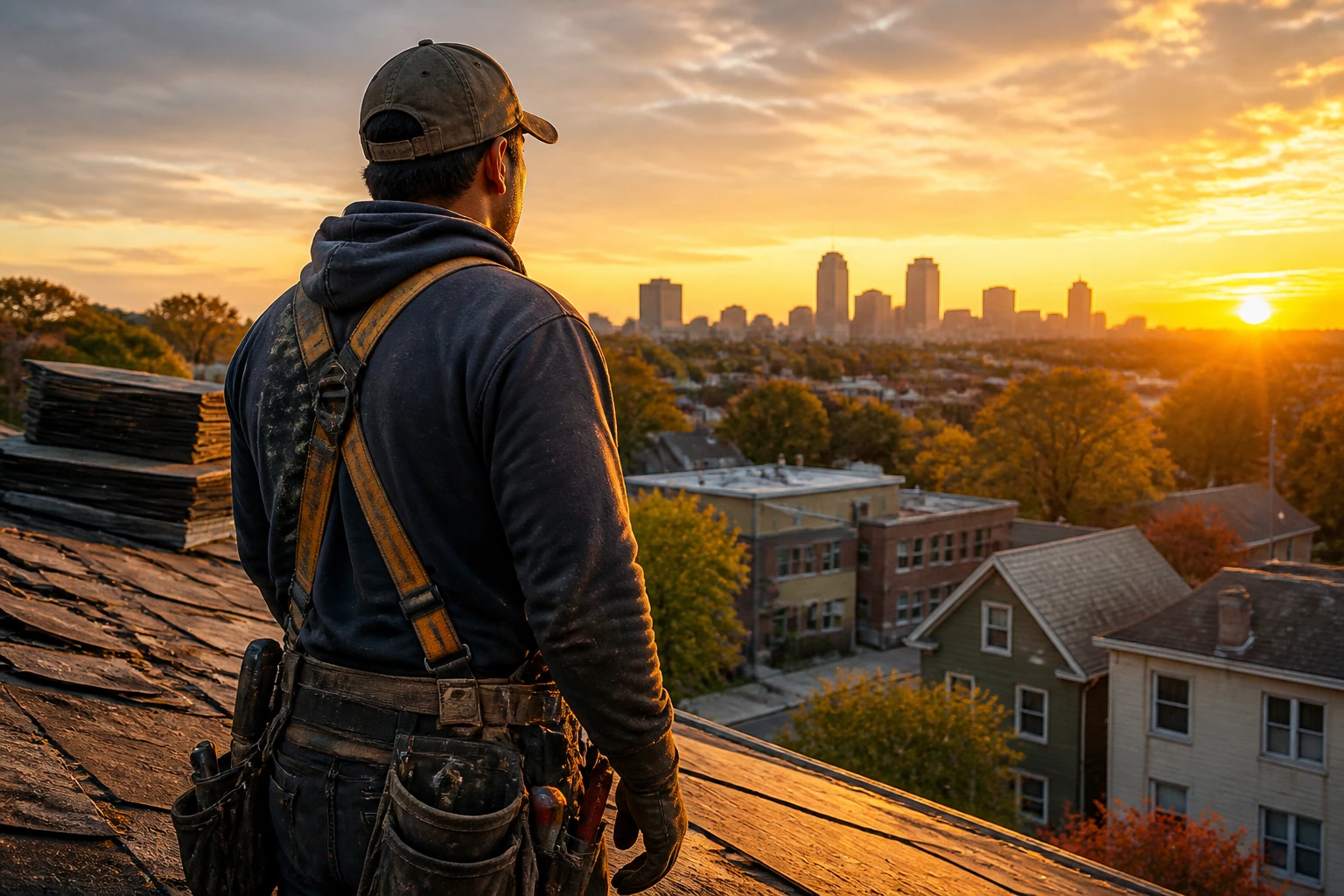 Roofer on a roof at sunset, representing end of season.