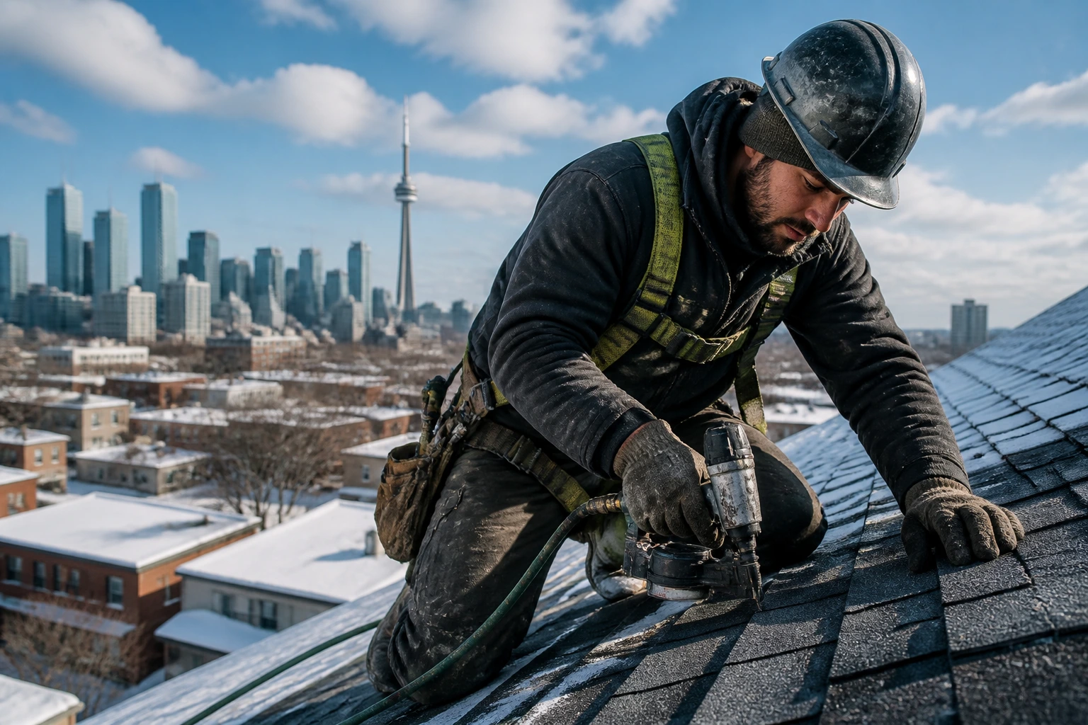 Roofer on pitched roof under daylight showing physical work