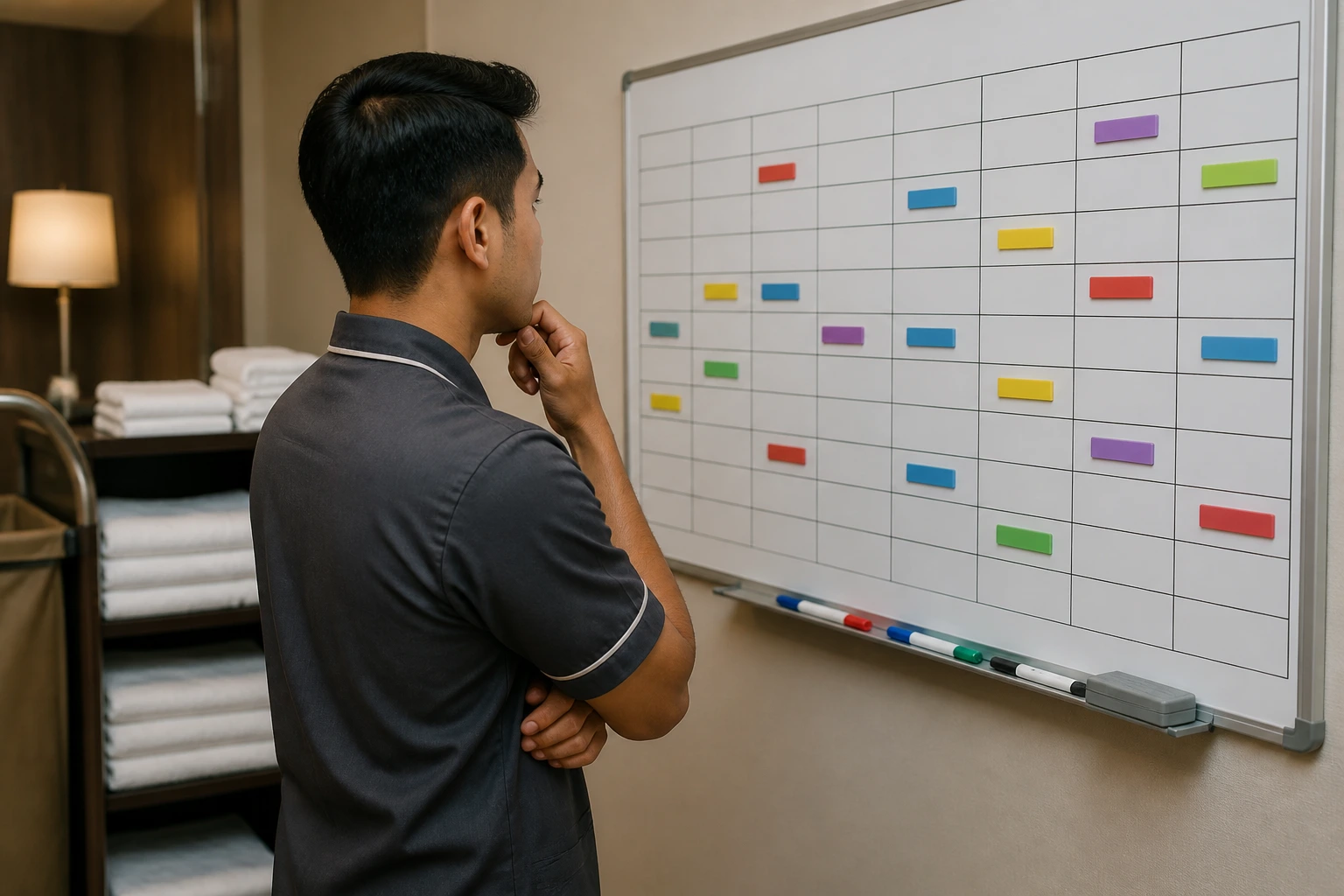 Porter examining a blank roster board with color markers in a staff room