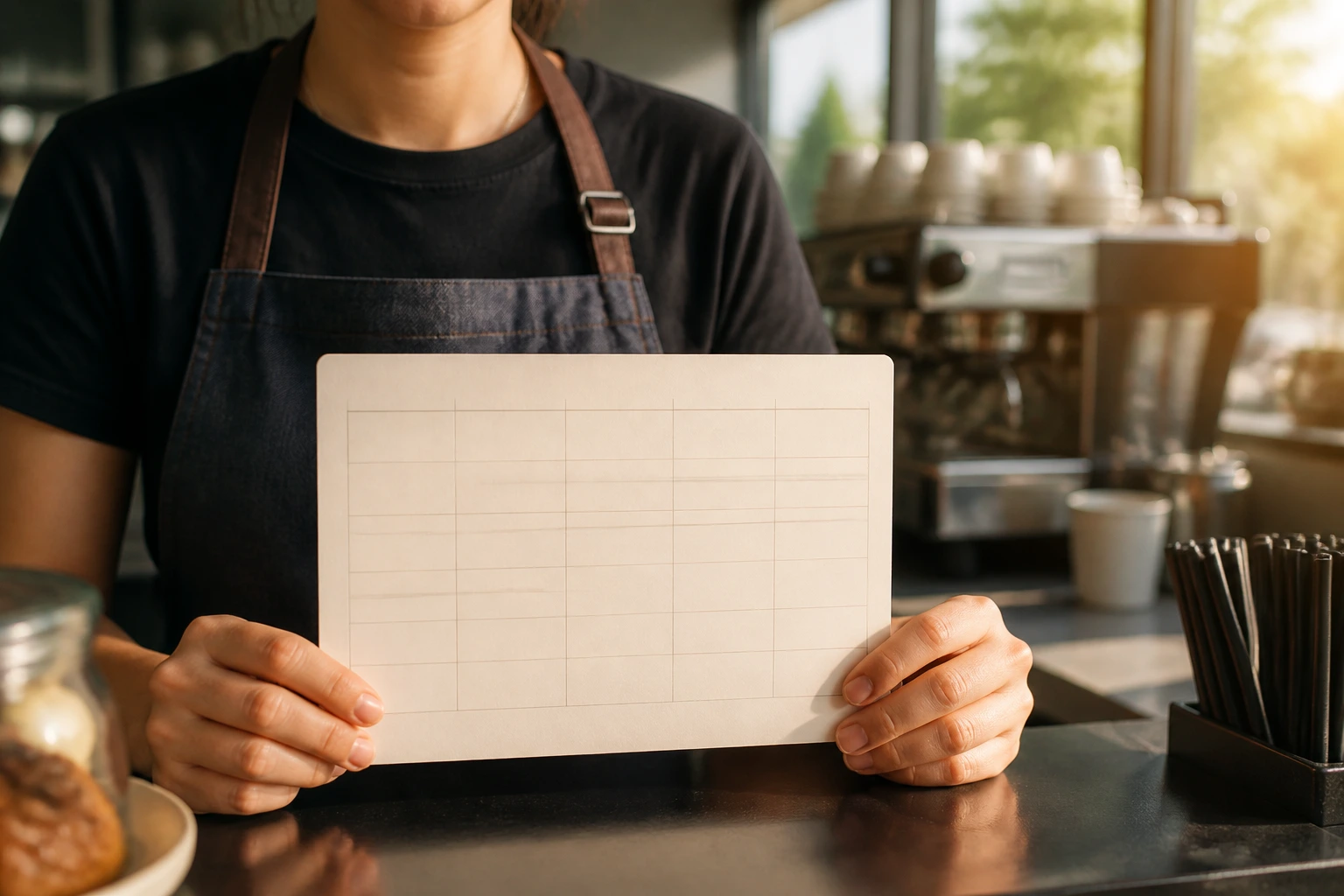 Hands on a blank roster card in a cafe