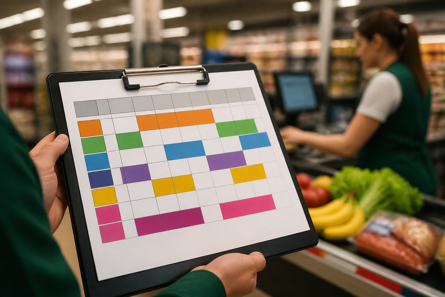 Clipboard with colored schedule blocks representing shifts