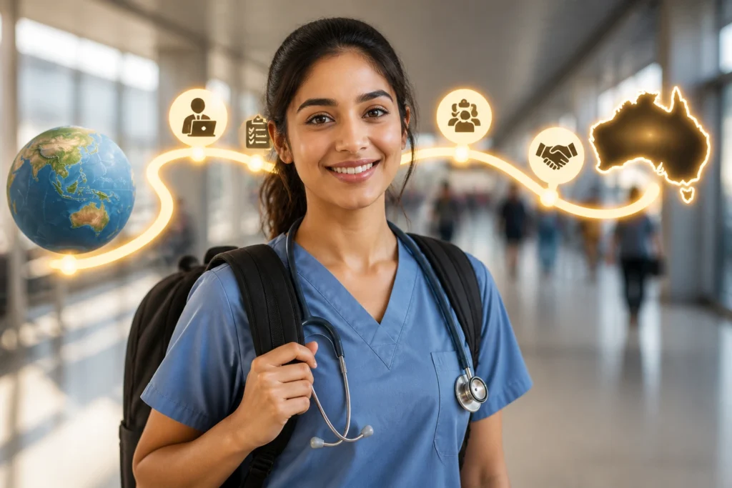 Healthcare worker with backpack in a bright corridor with a glowing route path behind, symbolizing a sponsorship journey
