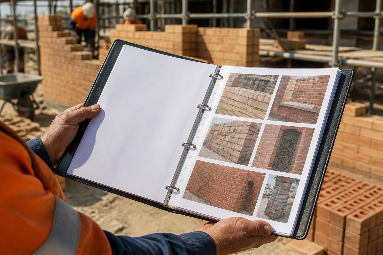Close-up of bricklayer's hands holding a binder with brickwork photos on a construction site