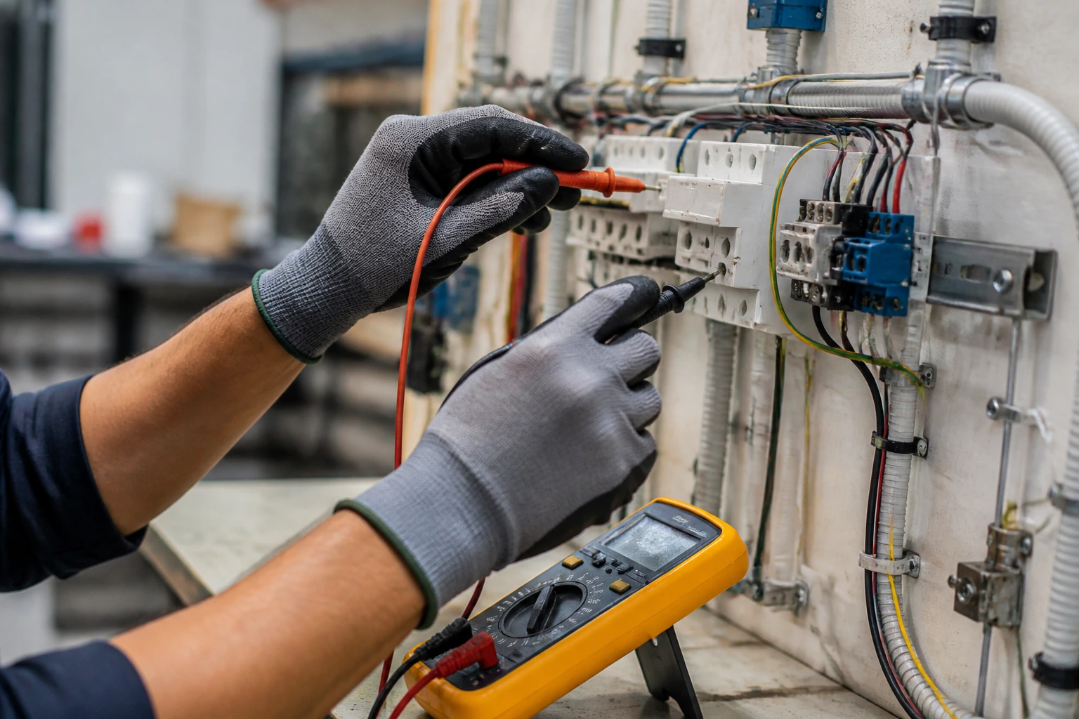 Hands performing wiring task on a test panel during RPL assessment