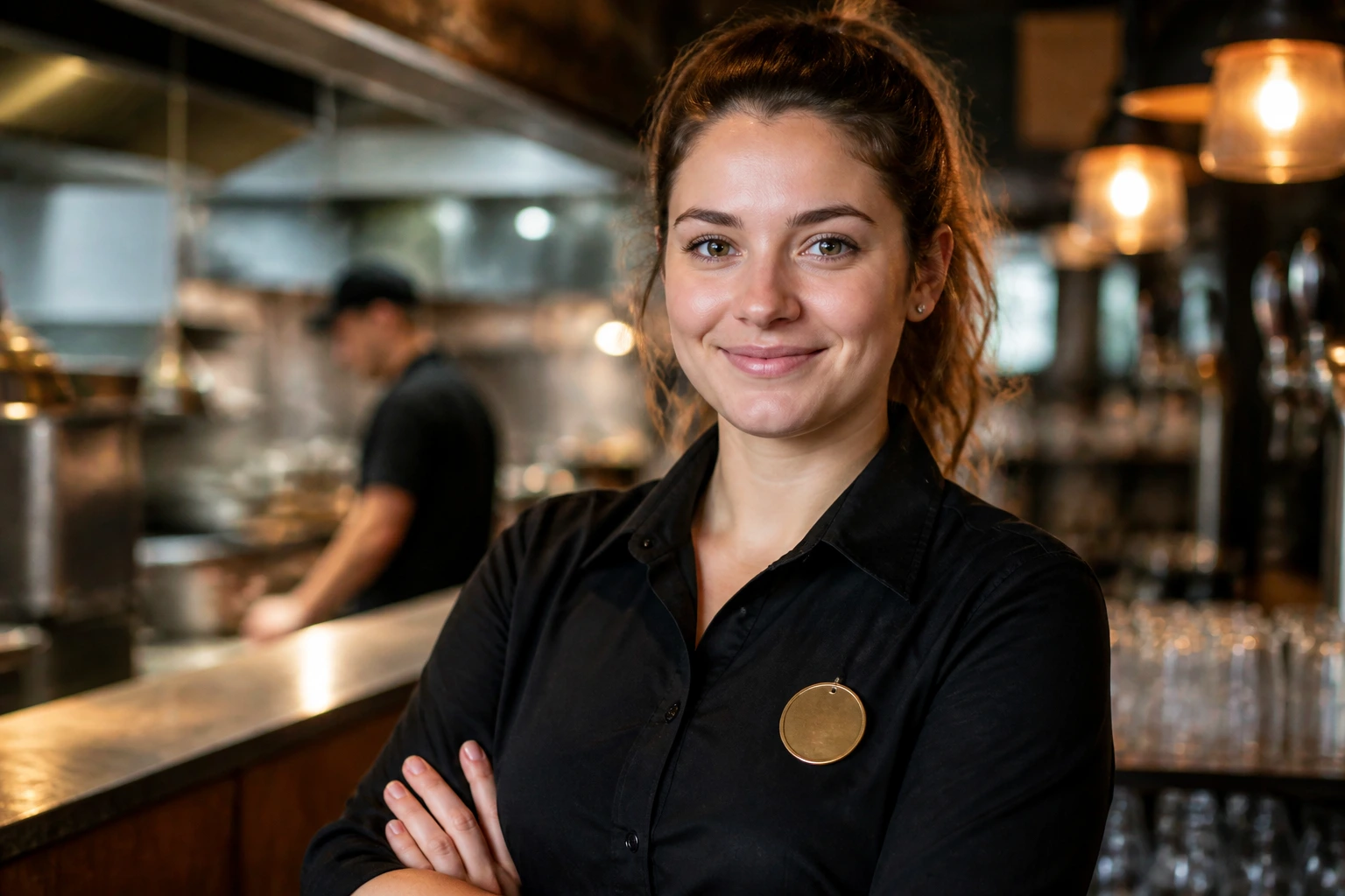 Close-up pub employee portrait with certification badge