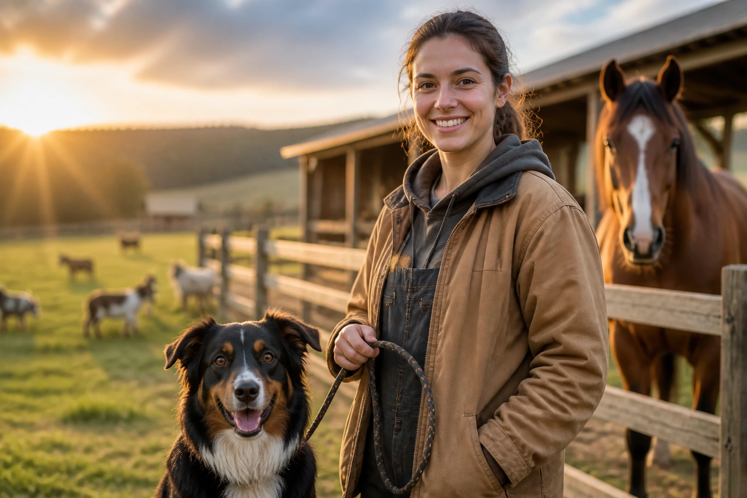Rural pet-care worker on a farm with a dog and horse