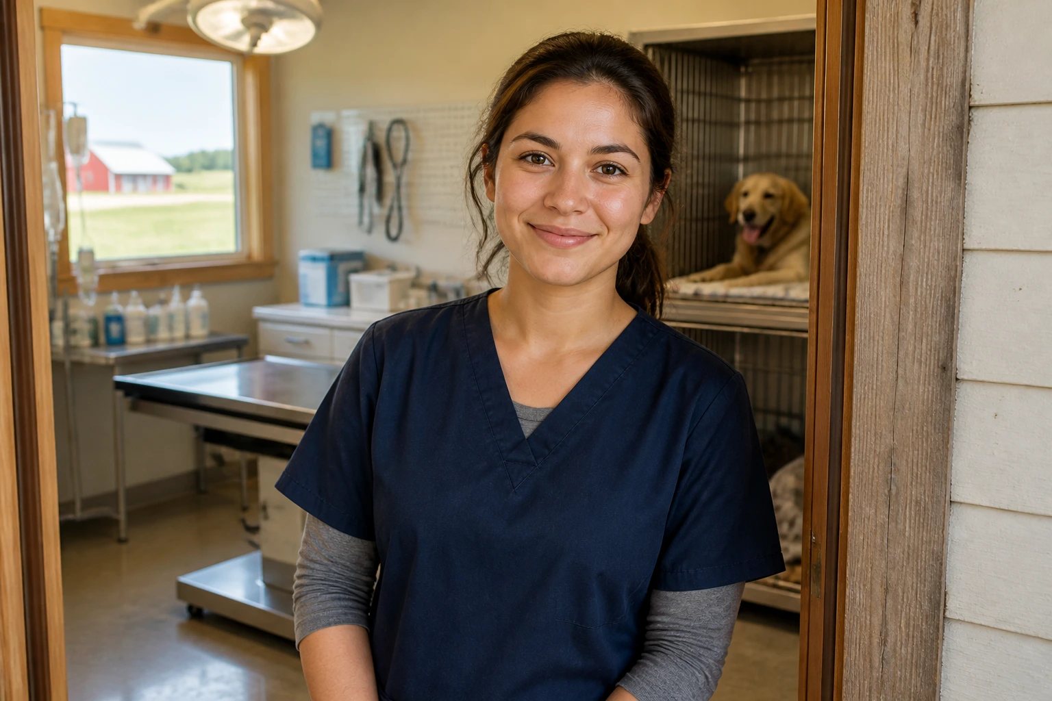 Vet assistant standing in rural clinic doorway with warm light