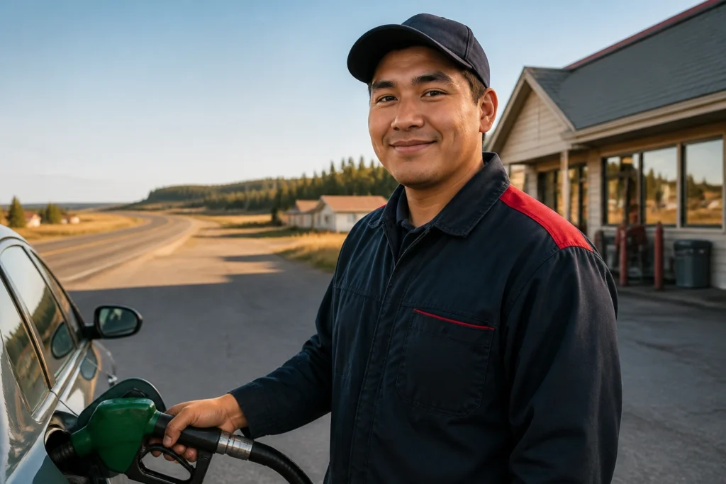 Gas station attendant in rural town with highway background illustrating sponsorship odds