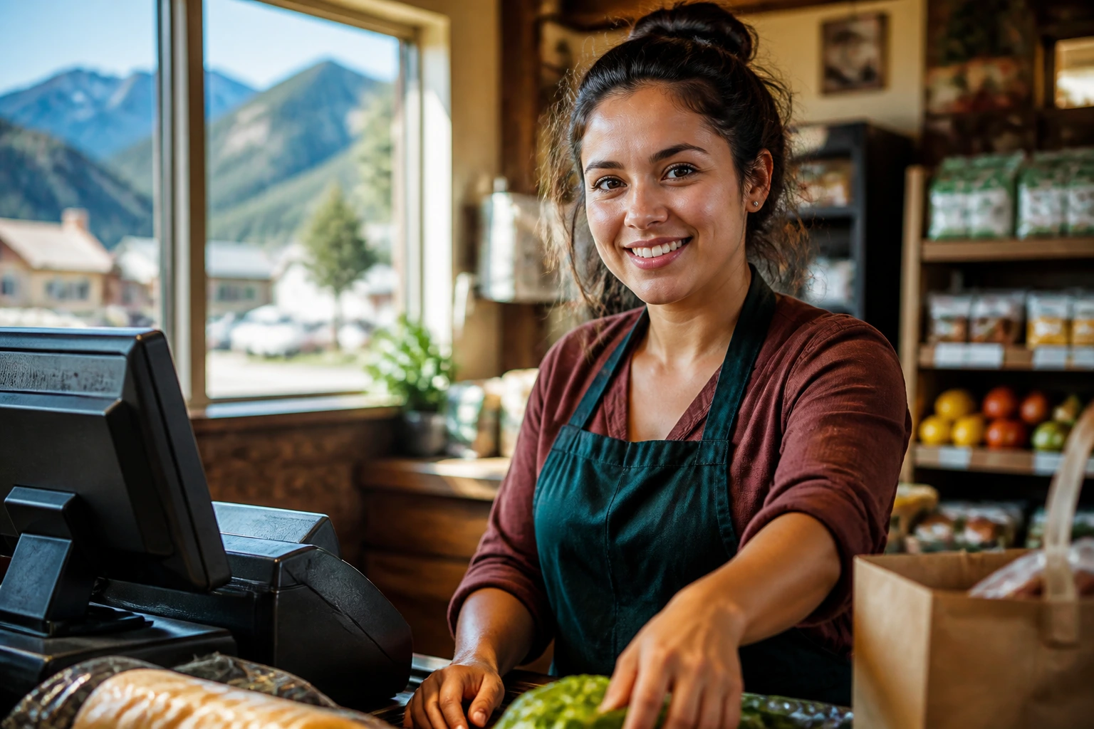 Close-up of a rural grocery cashier at a checkout in a small mountain town