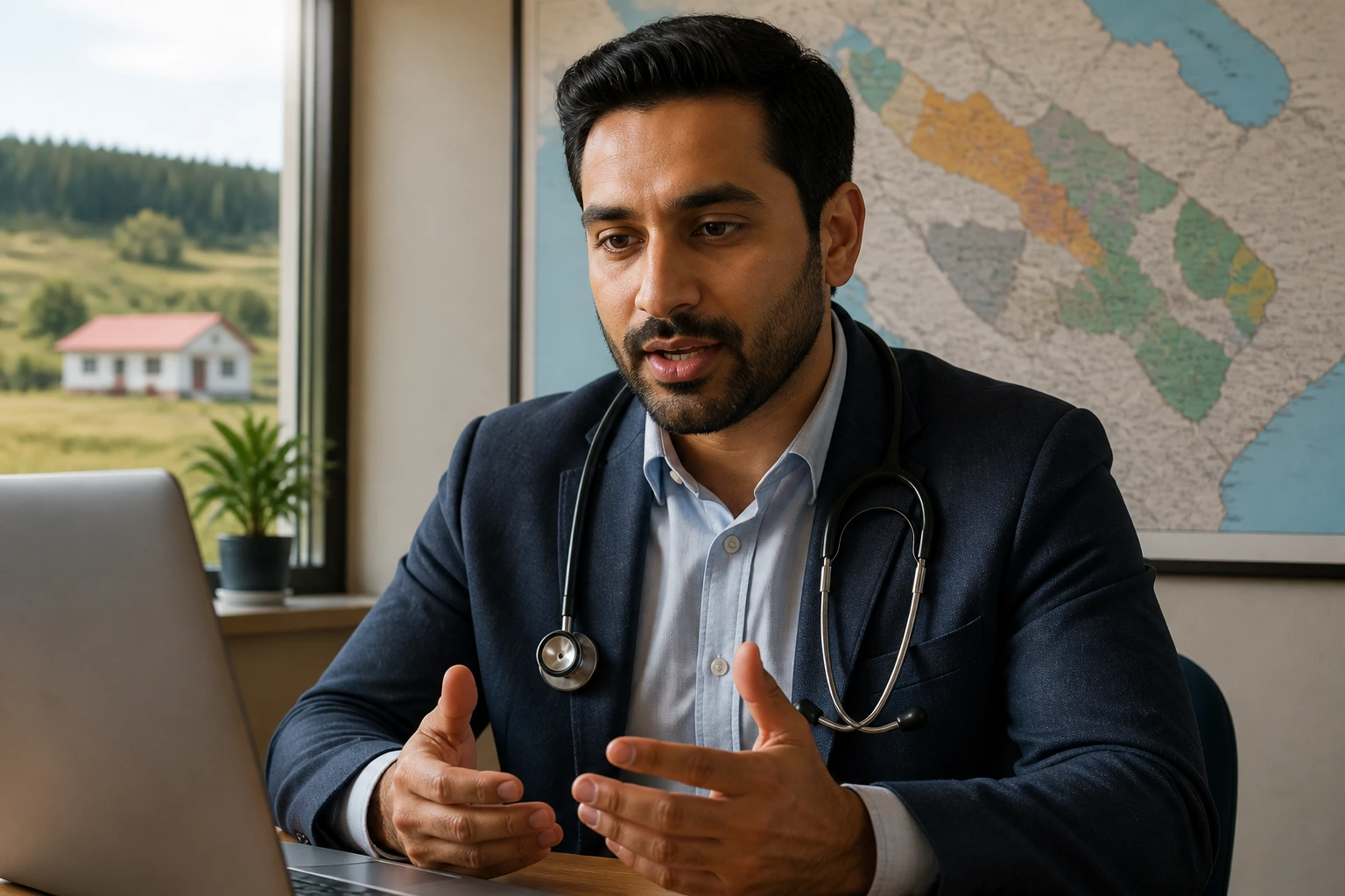 Portrait of a doctor on a video call outreach to rural health authorities in a real office