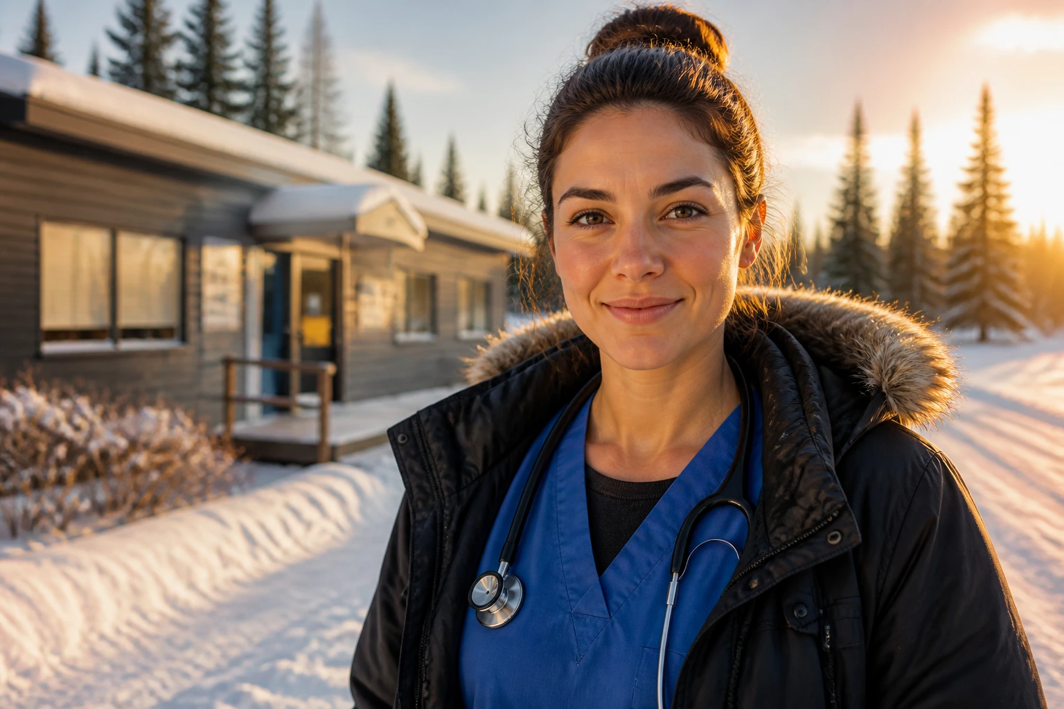 Nurse in winter outside rural northern clinic showcasing opportunities in remote areas