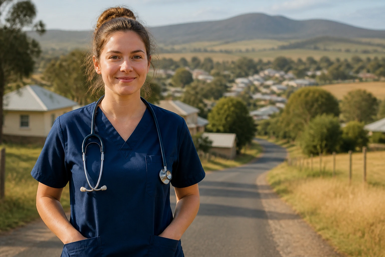 Nurse in uniform outside in a rural town setting