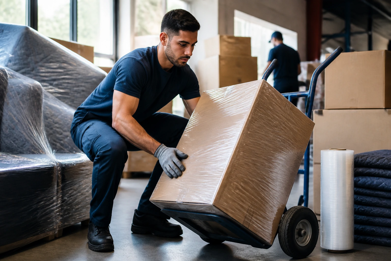 Mover demonstrating safe lifting and handling skills in a warehouse