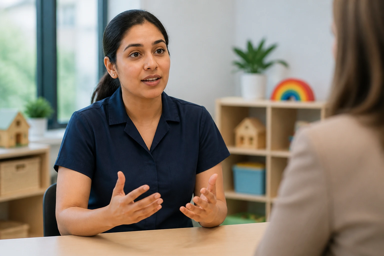 Portrait of a candidate in a meeting room answering safeguarding questions