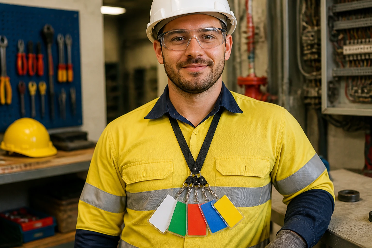 Maintenance worker in PPE with safety badges on lanyard