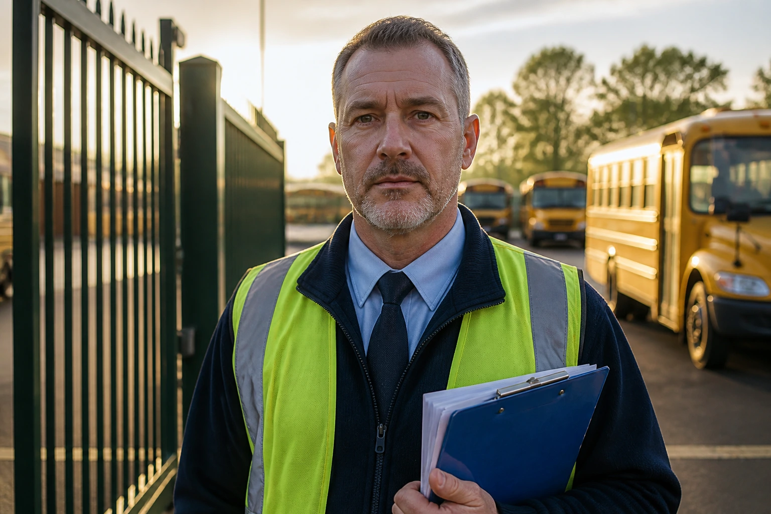 Bus driver at depot gate in uniform with safety badge