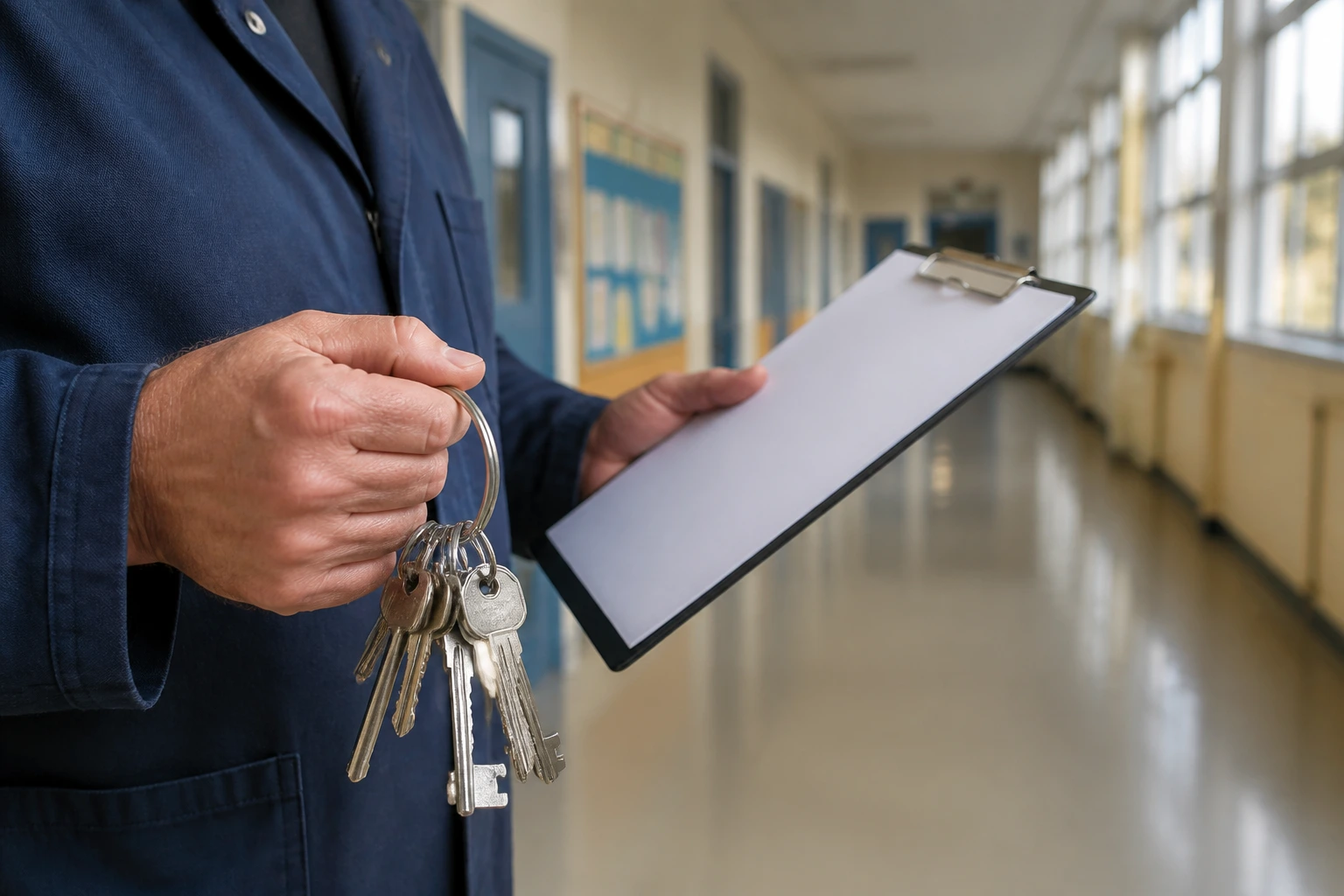 Close-up of a caretaker's hands with keys and clipboard performing safety checks in a school corridor