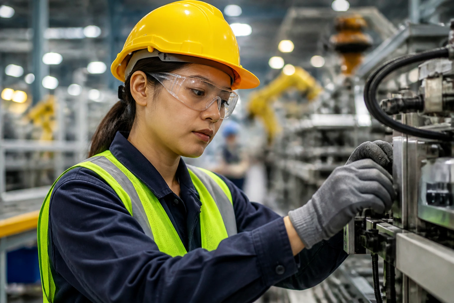 Portrait of a worker in full safety PPE on a factory floor performing safety tasks